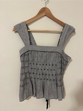Square-Neck Striped Tank Top with Smocked Bodice in Black and White